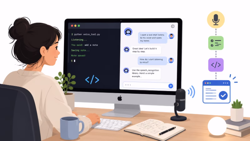 AIに相談しながらMacのターミナルで音声入力ツールを作っているイメージイラスト