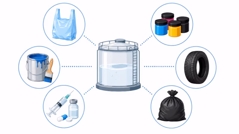 ナフサがプラスチックやインク、ゴム、塗料、医療用品など多くの製品につながっていることを示すフラットイラスト