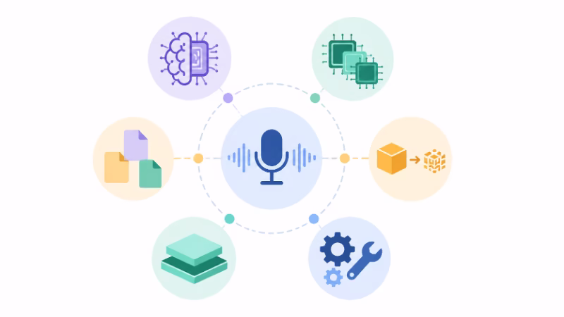 音声入力を構成する6つの要素を整理した概念図風のイラスト
