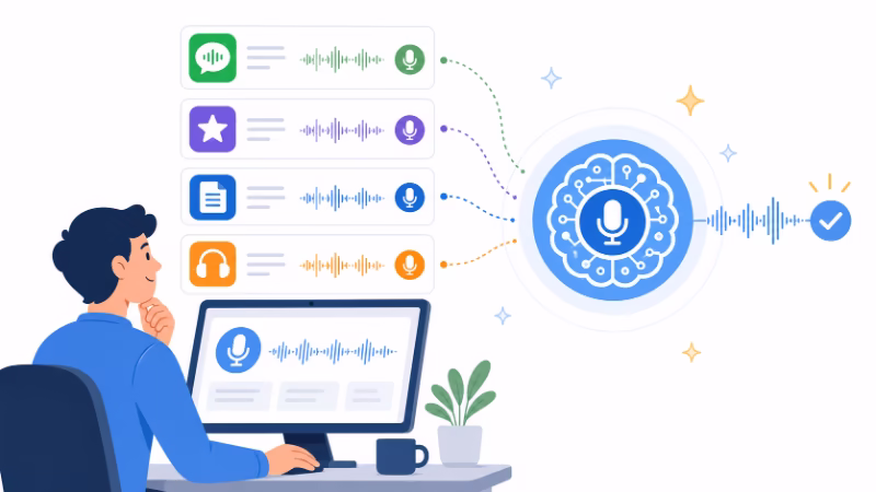 AI音声入力アプリを調べて、音声認識の仕組みに興味を持つ人物のイラスト