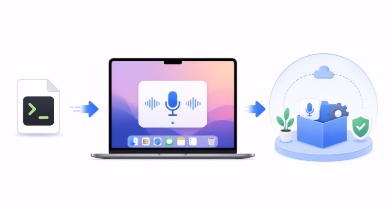 Macで音声入力ツールを簡単に起動し、仮想環境で安定運用しているイメージイラスト