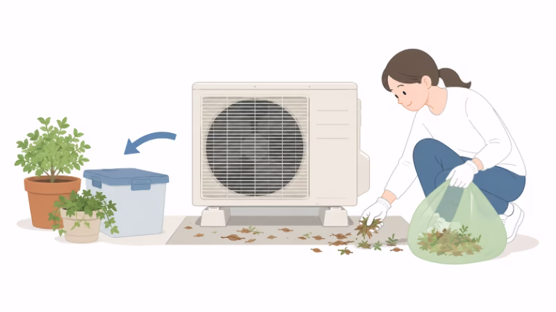 エアコンの室外機まわりを片づけて風通しをよくしているイラスト