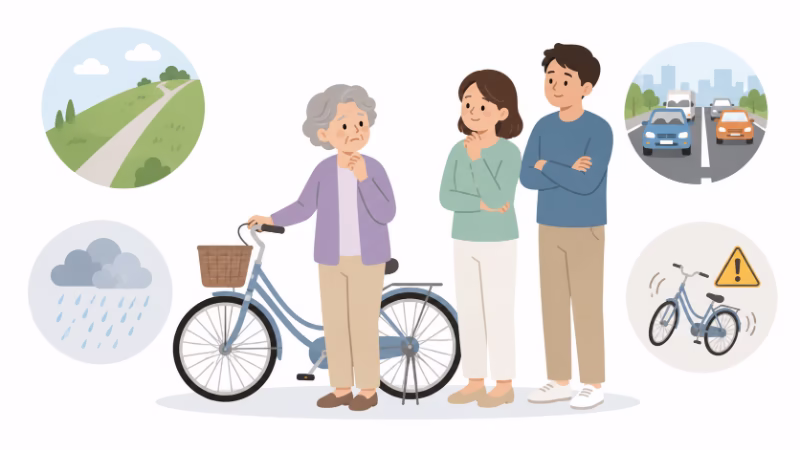 高齢女性が自転車に不安を感じており、家族が見守っているイラスト