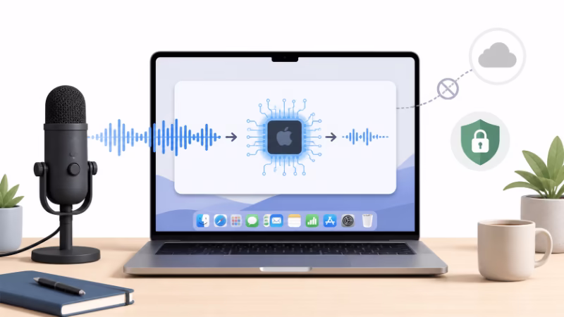 音声データを外部に送らず、Macの中だけで処理するローカル音声入力のイメージ