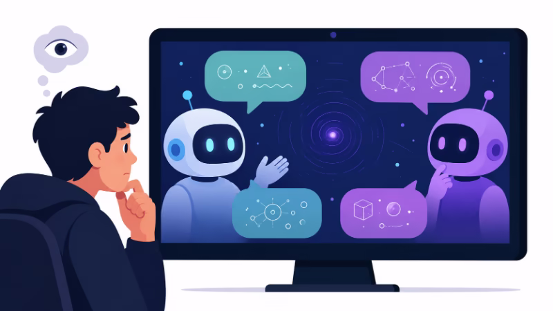 AIエージェントの会話を見て人間が不思議さや不気味さを感じているイラスト