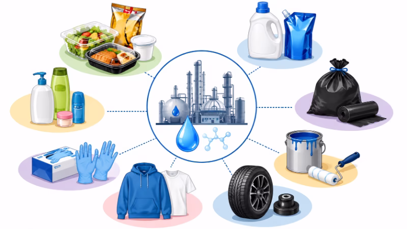 ナフサ不足の影響が食品包装や日用品、塗料、ゴム製品、衣類、医療用品まで広がることを示すイラスト