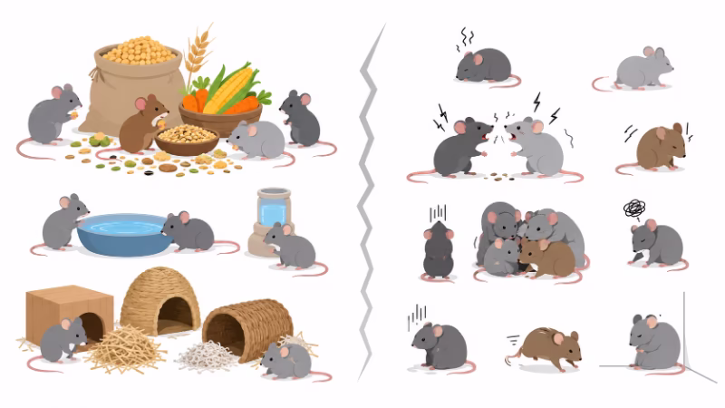 資源が足りているのにマウスの集団が不安定になる様子のイラスト