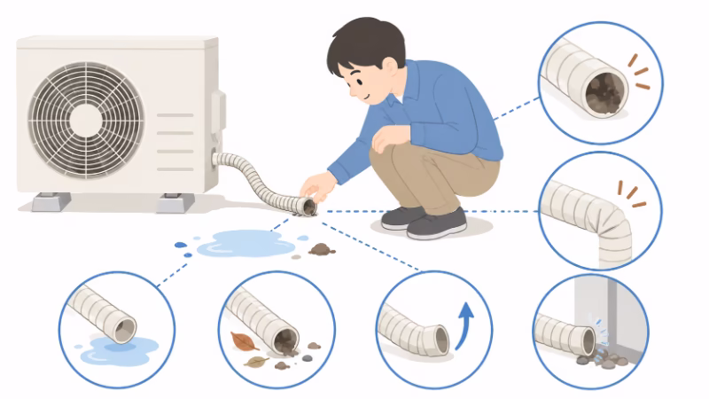 エアコンのドレンホース先端を確認しているイラスト