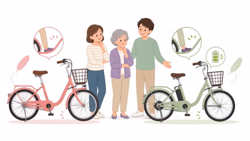 高齢女性が20インチの低床自転車と電動アシスト自転車を比較しているイラスト