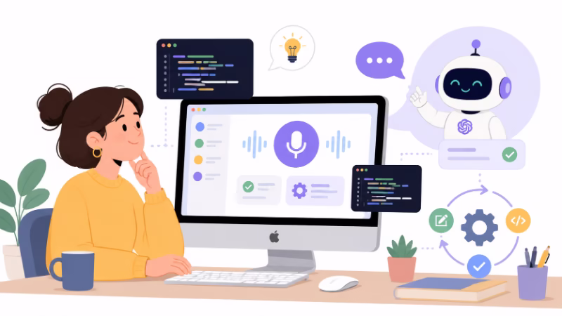 AIに相談しながらMacで自作音声入力ツールを作っている人物のイラスト