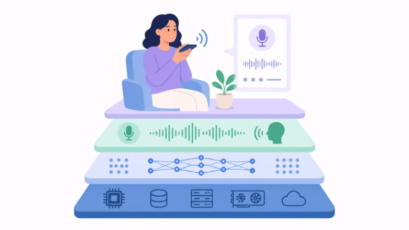MLXを土台にしてmlx-whisperが動き、その上で音声入力ツールが成り立つ構造のイラスト