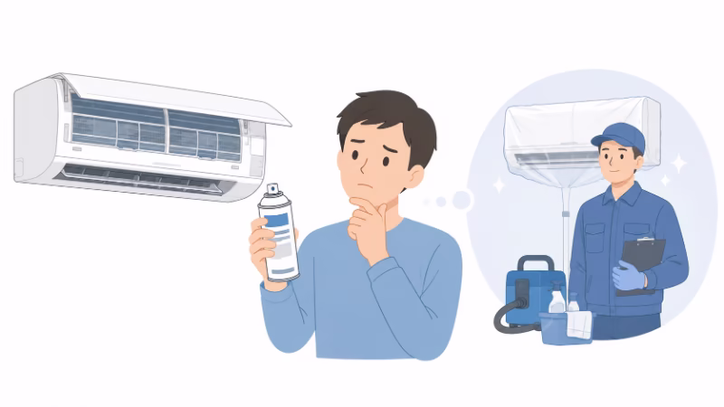 エアコン洗浄スプレーを使うか慎重に考えているイラスト