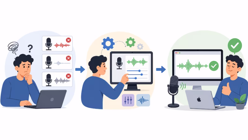 試行錯誤を経て、Mac向けの快適なローカル音声入力環境にたどり着く流れのイラスト