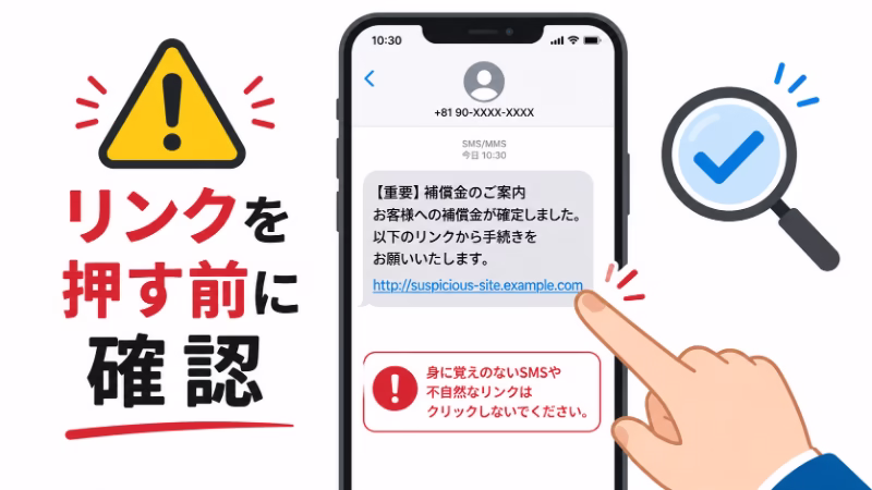 個人情報流出に便乗した偽メールやSMSのリンクを押す前に確認するイメージ