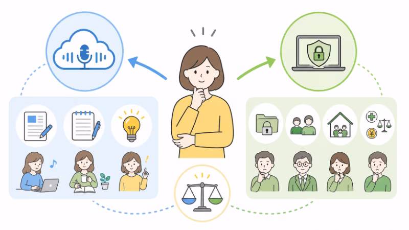 音声入力をクラウド型とローカル処理で使い分ける考え方を示すイラスト