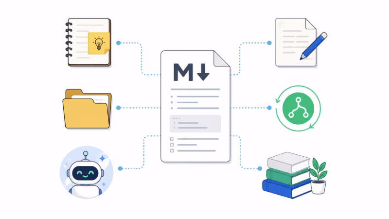 Markdownが保存や下書きやAIとのやり取りに向いていることを示すイラスト