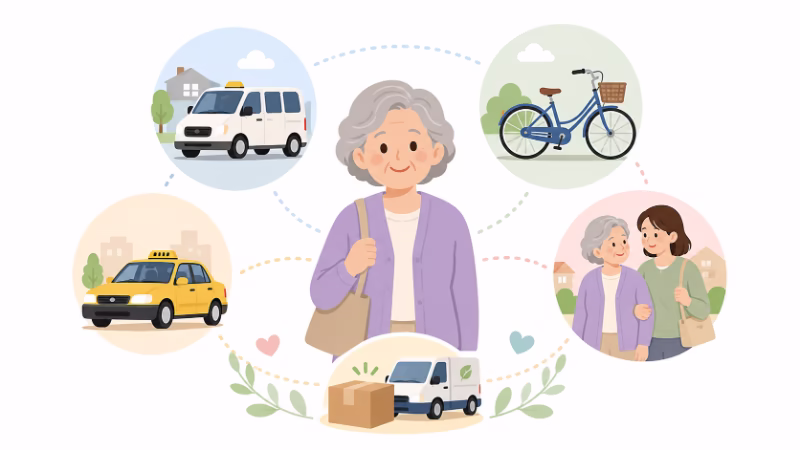 免許返納後の移動手段としてコミュニティタクシーや自転車やタクシーを組み合わせるイラスト