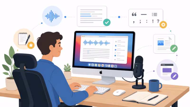 Macと外付けマイクを使って、快適にローカル音声入力を行う完成形のイラスト