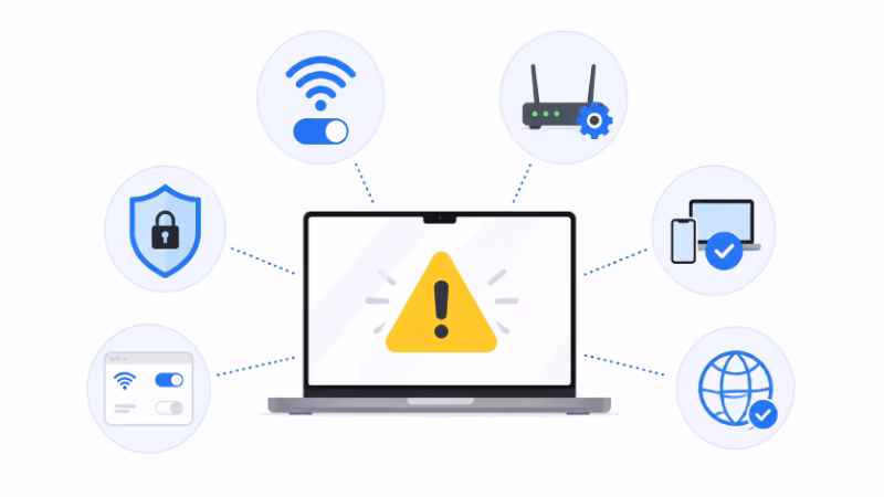 MacのWi-Fi警告が消えないときに確認するポイントを表したイメージ