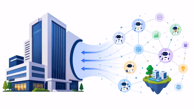 大手テック企業がAIエージェントのネットワークや仕組みに注目しているイラスト