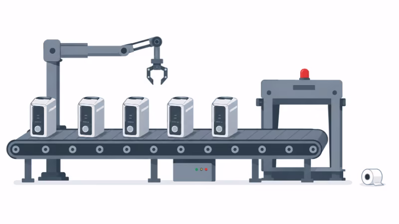 小さな材料不足によって工場の最終製品が完成できず止まっている様子を示すフラットイラスト
