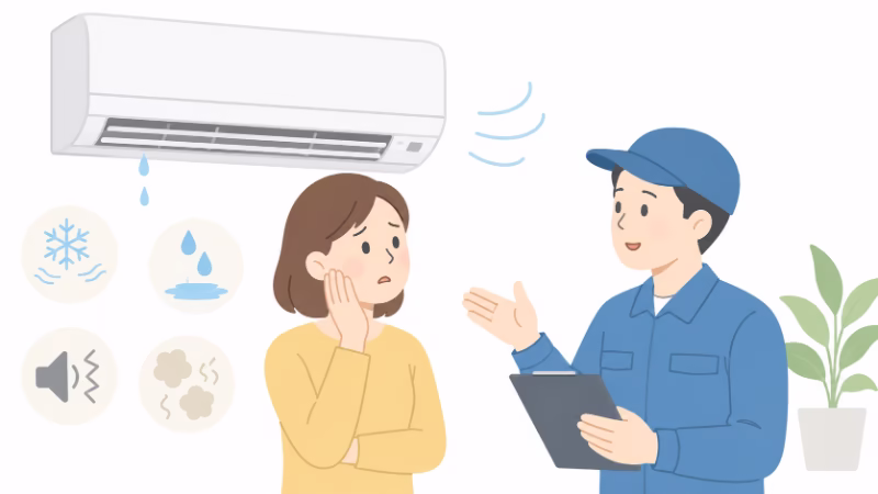 エアコンの不調について専門業者に相談しているイラスト