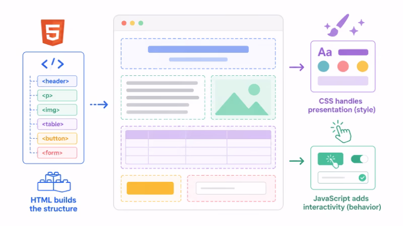 HTMLがWebページの構造を作る役割を表した図解イラスト