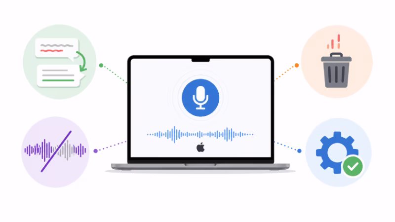 辞書補正や不要入力の破棄などで音声入力ツールを実用化しているイメージイラスト