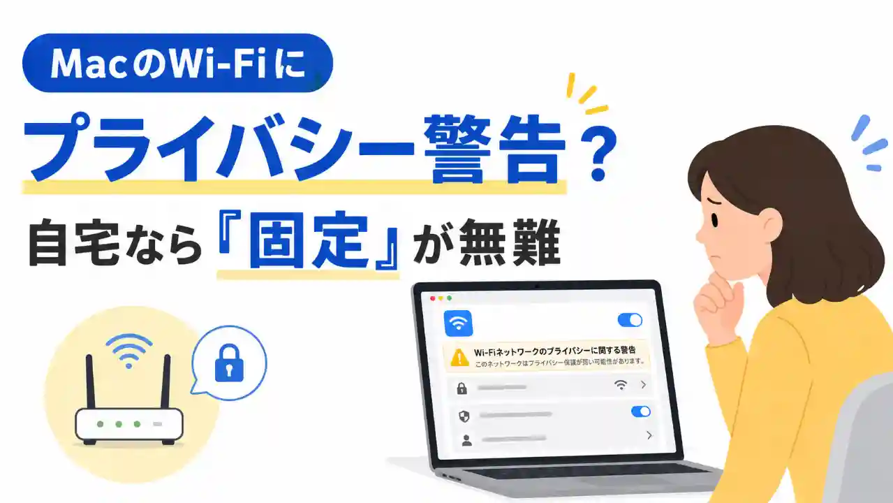 MacのWi-Fiにプライバシー警告が表示され、自宅ではプライベートWi-Fiアドレスを固定にするのが無難だと解説するアイキャッチ画像