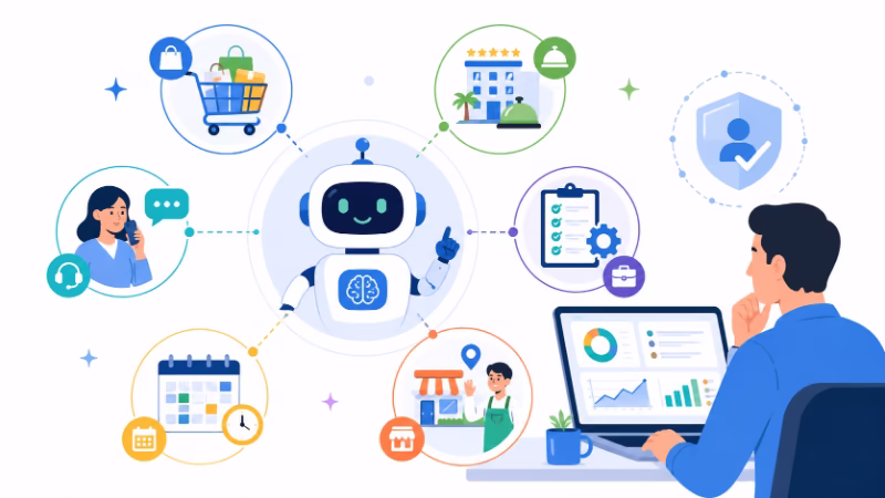 AIエージェントが買い物や予約や仕事に関わる未来を人間が管理しているイラスト