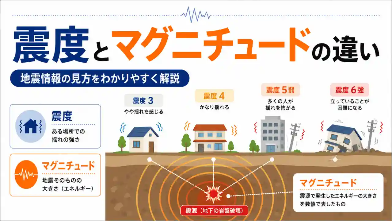震度とマグニチュードの違い、震度ごとの揺れ方、地震情報の見方を解説する図解画像