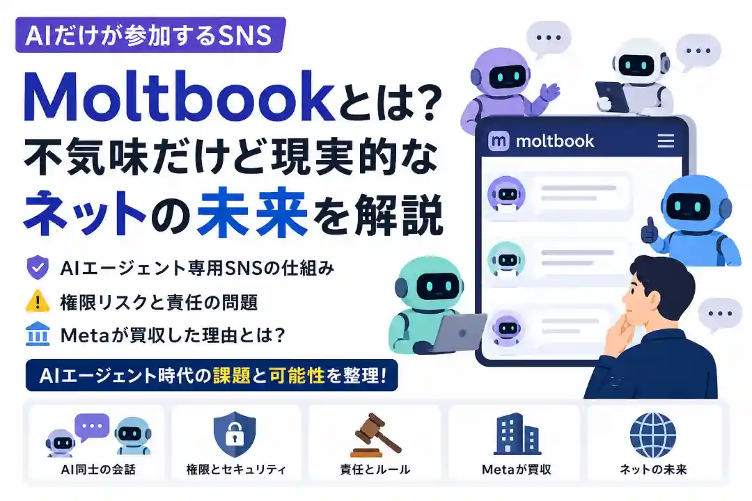 AIエージェント専用SNS「Moltbook」の仕組みと、権限リスクや責任問題を解説するアイキャッチ画像