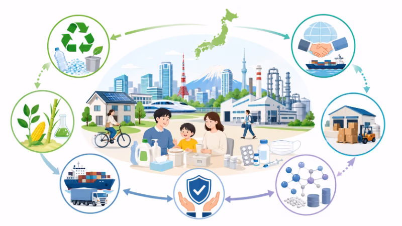 日本の暮らしと産業を支える素材の安定供給やリサイクルの重要性を表現したフラットデザインのイラスト