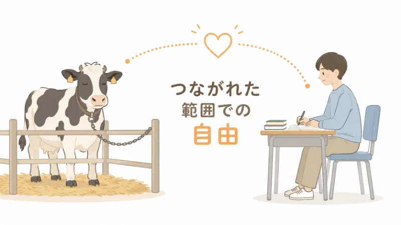 柵のある牛舎の牛と、自分の席に座る人物を並べて、つながれた範囲での自由を表したアイキャッチ画像