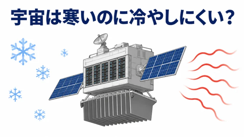 宇宙に浮かぶAIデータセンター衛星と放熱板を描き、宇宙は寒いのに冷却が難しいことを表したイラスト