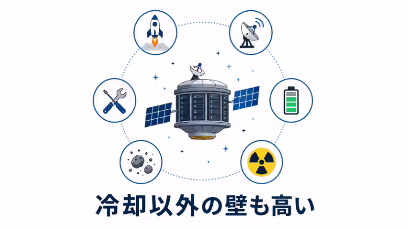宇宙データセンターには打ち上げ、通信、バッテリー、放射線、スペースデブリなど冷却以外の課題もあることを示す画像
