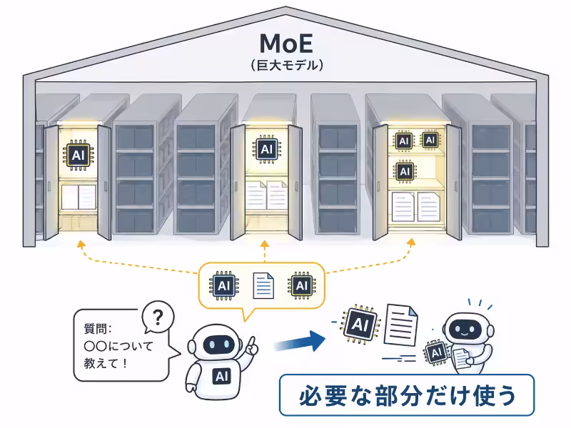 MoEが巨大モデルの中から必要な専門家部分だけを使って推論コストを抑える仕組みを示すイラスト