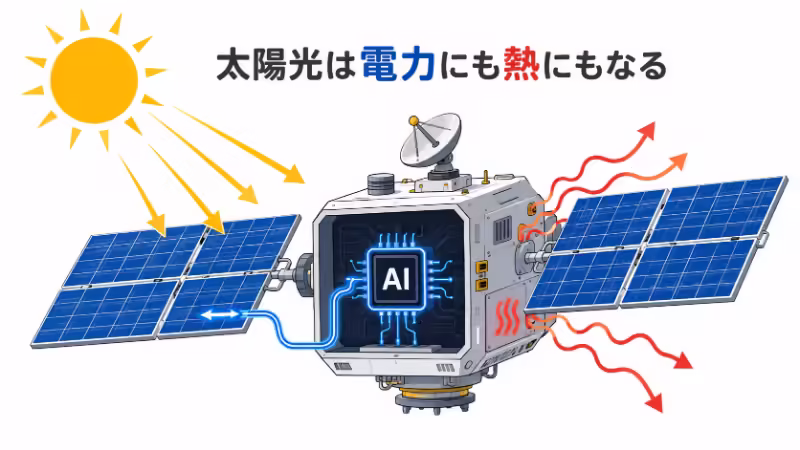 太陽光が宇宙データセンターの電力源になる一方で熱源にもなることを説明するフラットデザイン画像