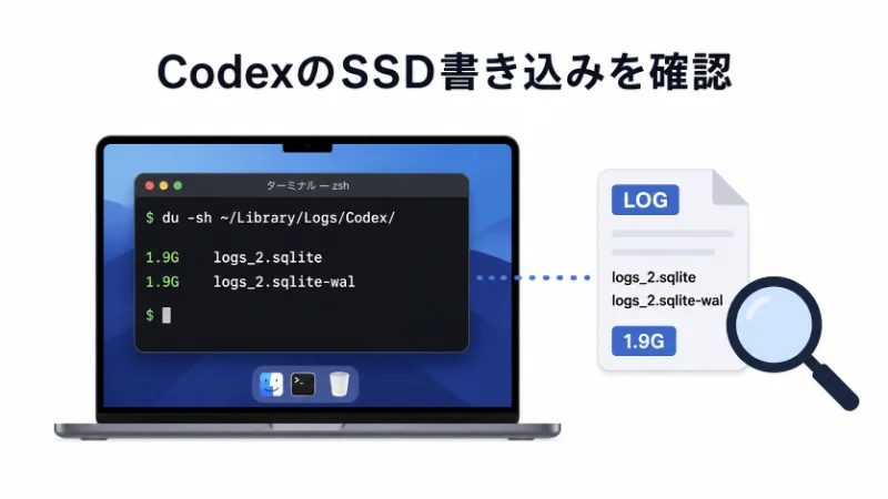CodexアプリのSSD大量書き込みが気になり、Macでログや容量を確認している様子を表したフラットデザインのアイキャッチ画像