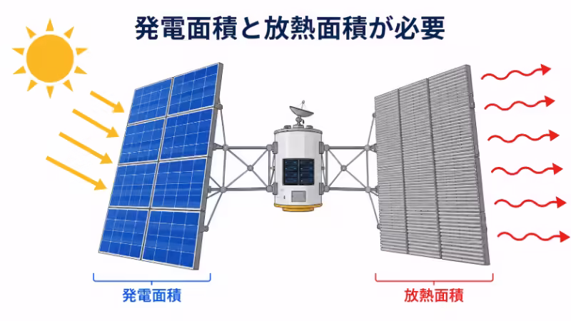 宇宙データセンターには太陽光パネルによる発電面積とラジエーターによる放熱面積の両方が必要であることを示す図解