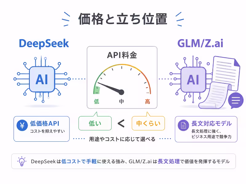DeepSeekは低価格API、GLM/Z.aiは長文処理に強い高性能モデルとして価格競争力があることを示す比較イラスト
