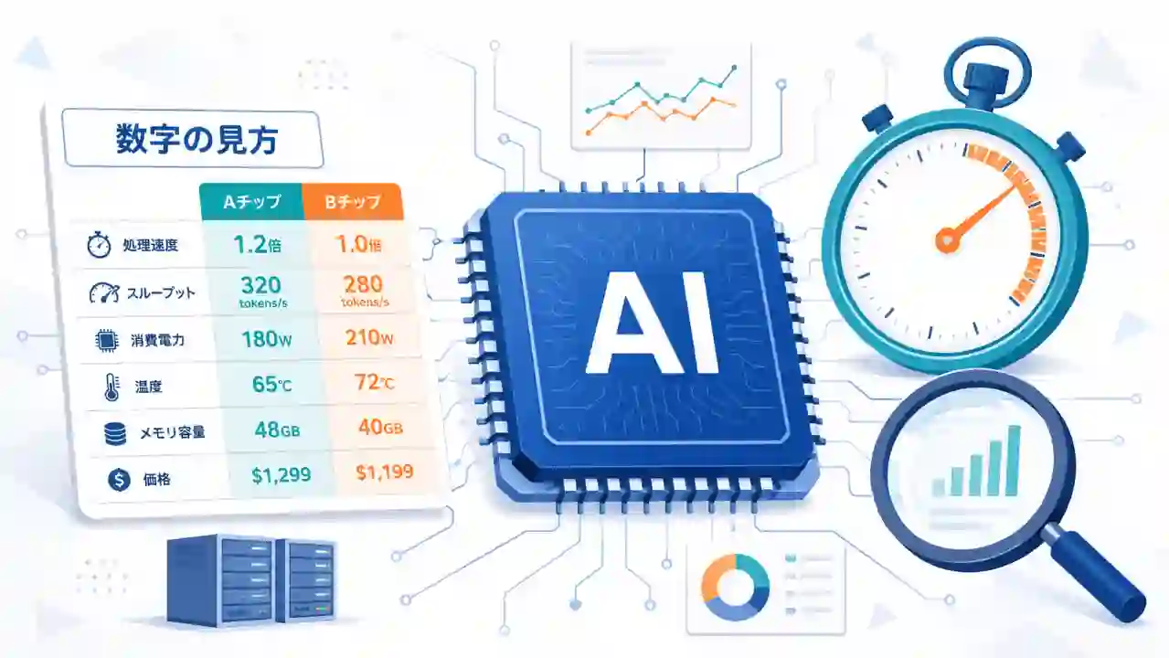 AIチップと比較表、ストップウォッチを大きく配置し、最速の数字の読み方を表したアイキャッチのイラスト