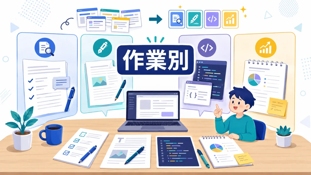 ブログ運営の作業を校閲や執筆などに分けて整理する作業机のイラスト