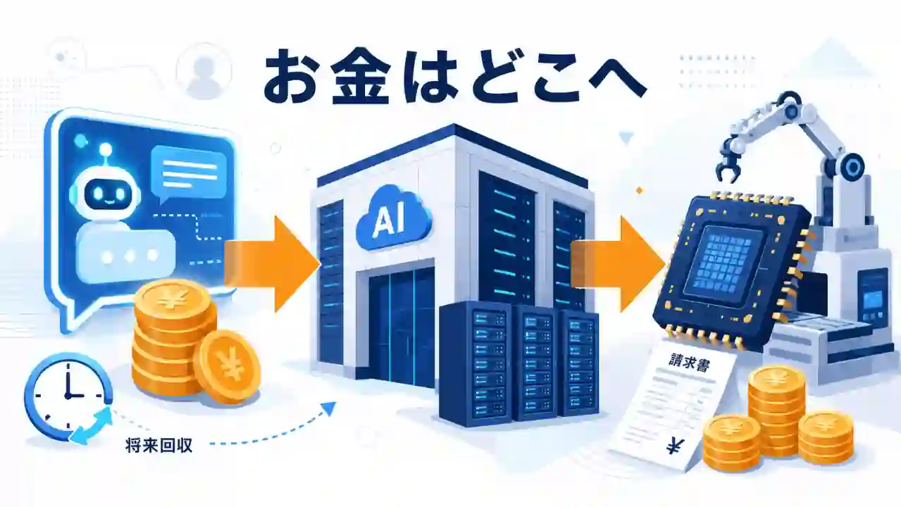 AIサービスからクラウド、半導体企業へ資金が流れ、回収リスクが残る位置を示したイラスト