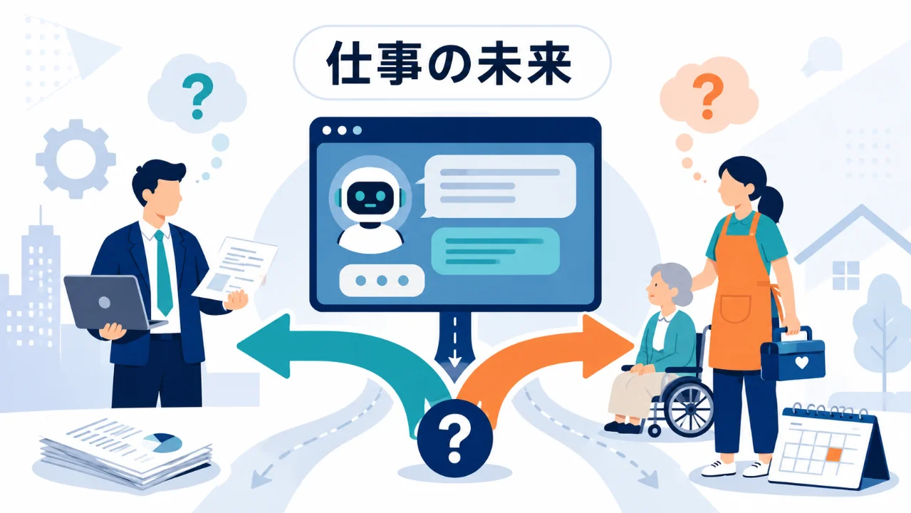AI画面を中心にオフィス仕事と身体を使う仕事の分岐を描いたイラスト