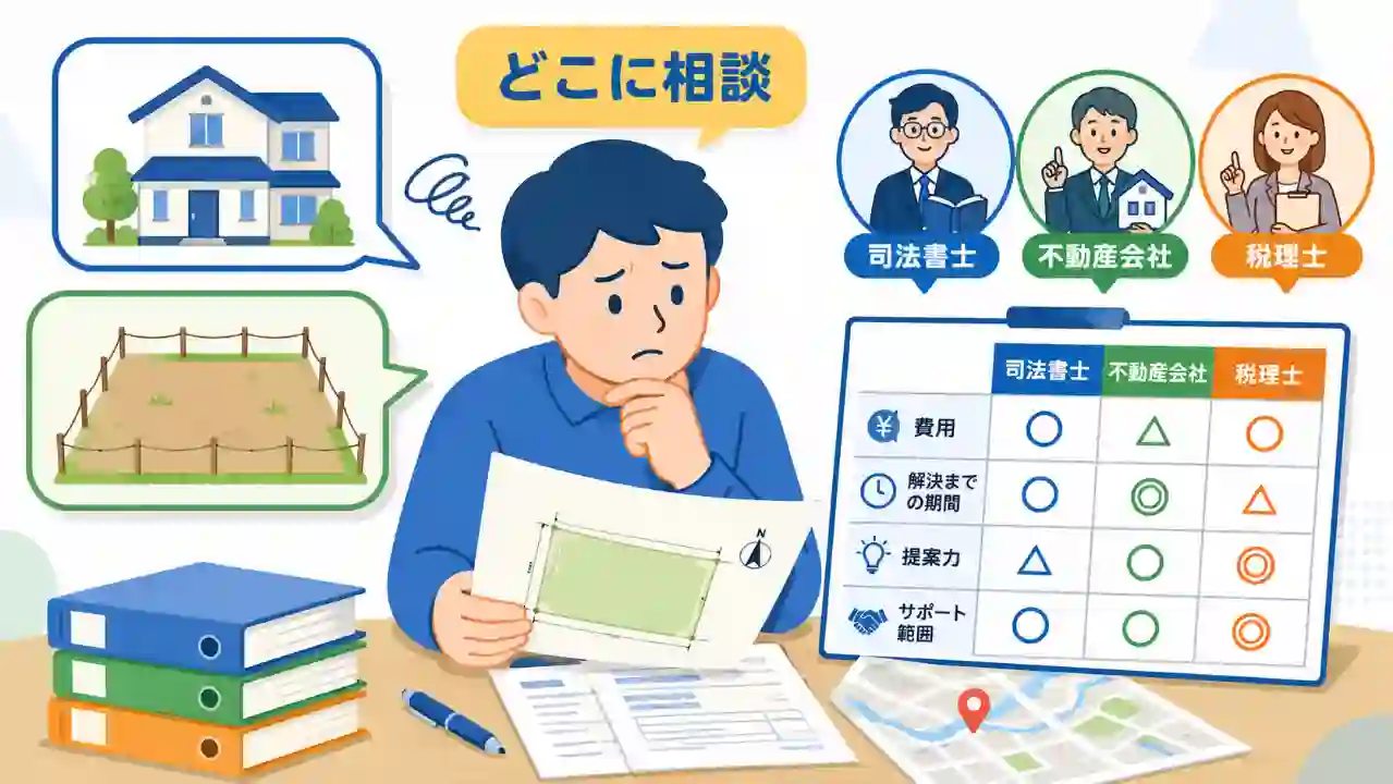 相続した土地を前に、相談先を比較して考えている人物と書類のイラスト