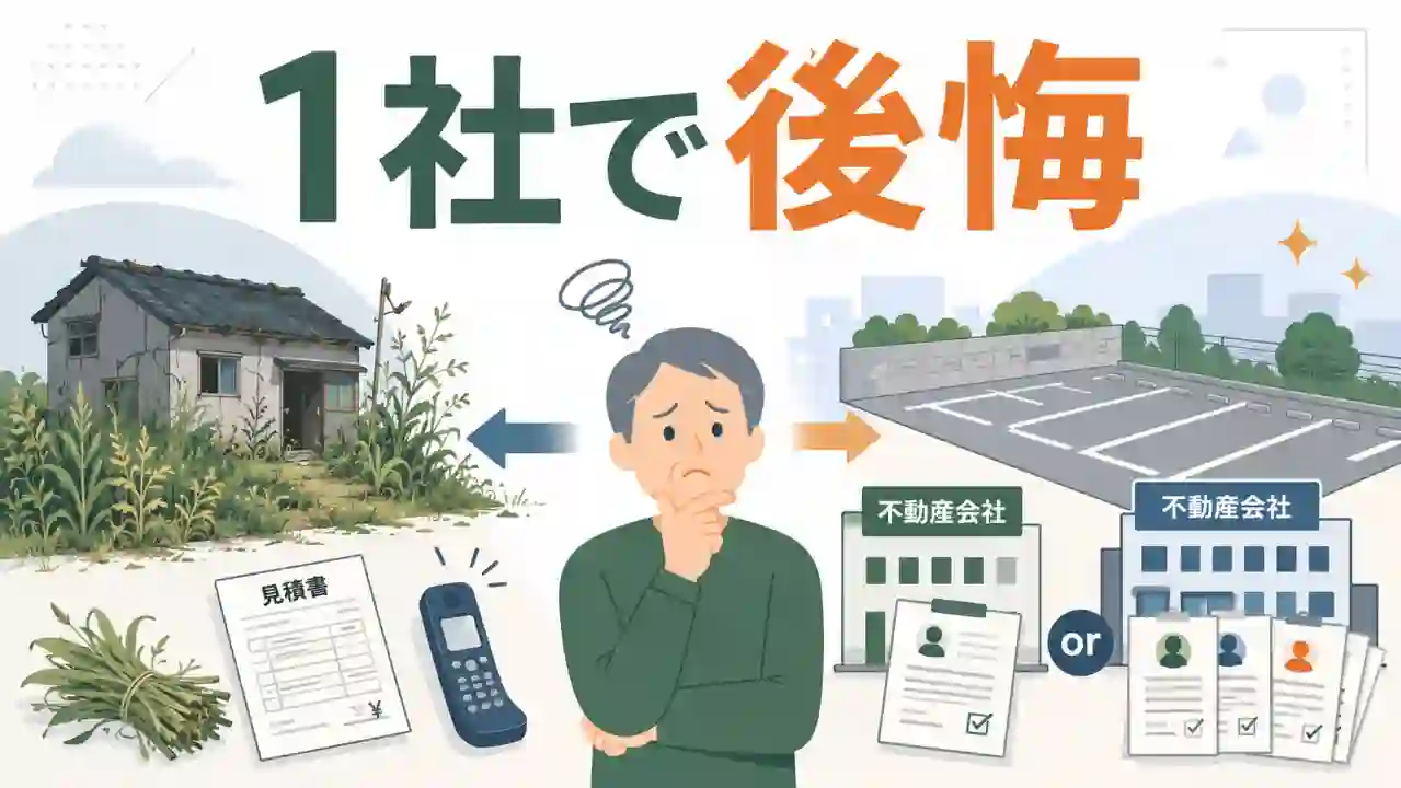 雑草地と古い空き家、整備後の駐車場、不動産会社選びに迷う人物を描いたイラスト