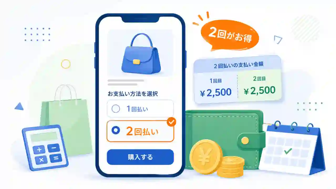 スマホの購入画面で2回払いが強調され、財布やカレンダーが並ぶ支払い方法比較のイラスト