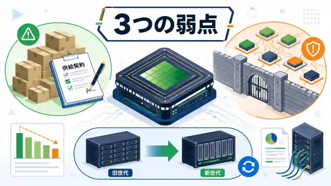 半導体装置の周囲に3つのリスク要素を配置して記事テーマを表した横長イラスト