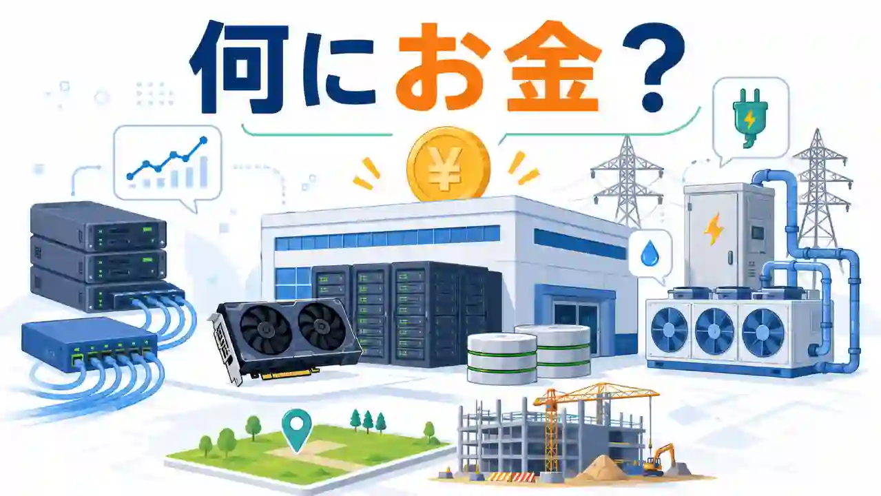AIデータセンターを構成する計算設備、通信、電力、冷却、建物をまとめて示した横長のイラスト